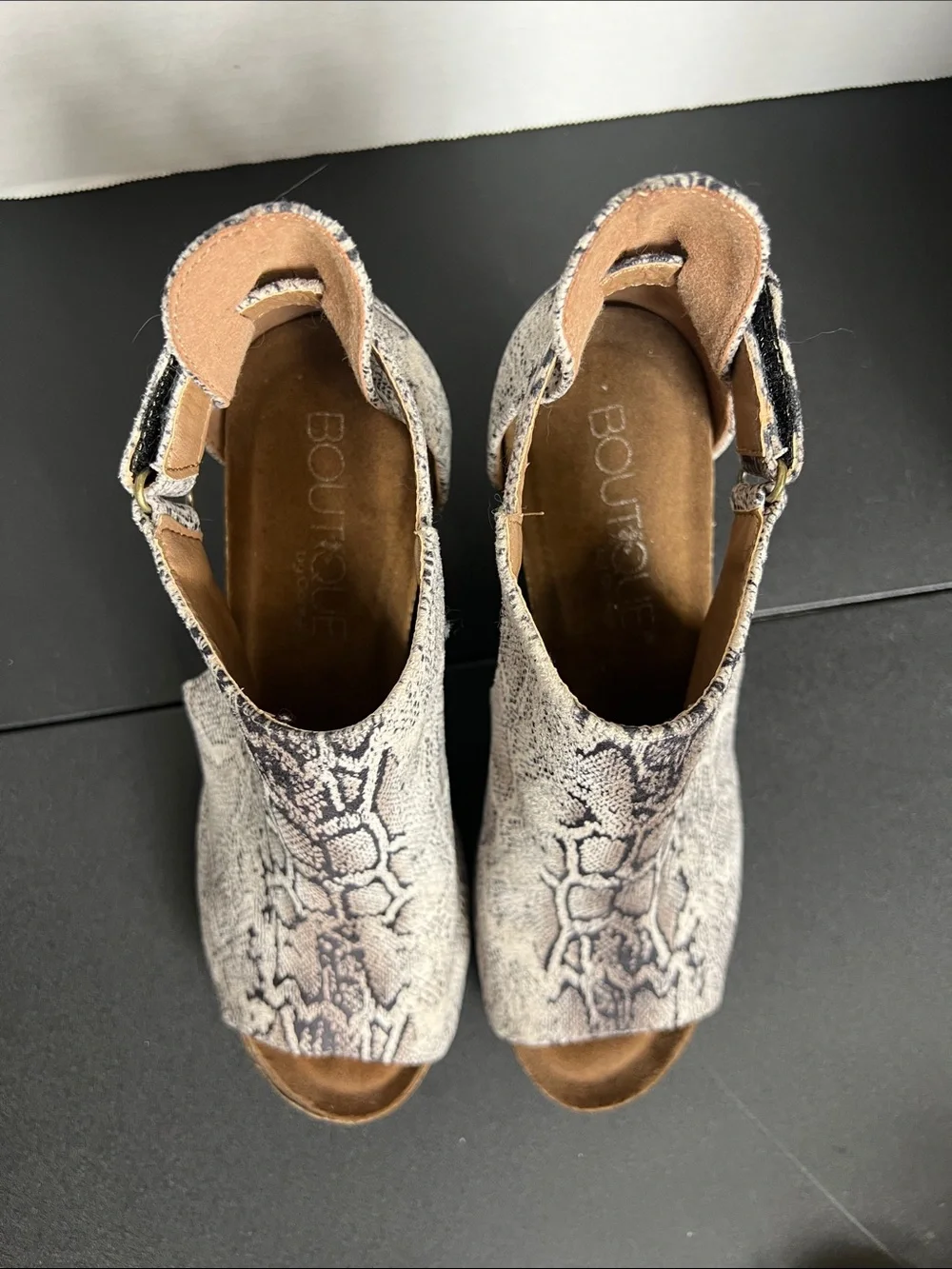 Corkys Snake-Print Peep Toe Wedge Sandals - Tan and Black